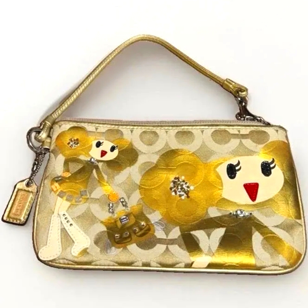COACH POPPY CHAN GOLDY METALLIC GOLD LEATHER RHINESTONES WRISTLET 44193 Y2K